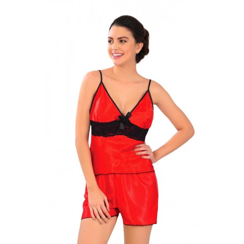 Kırmızı Saten Babydoll Şortlu Takım - 314 - Beden S/M Kırmızı Saten Babydoll Şortlu Takım - 314 - Beden S/M