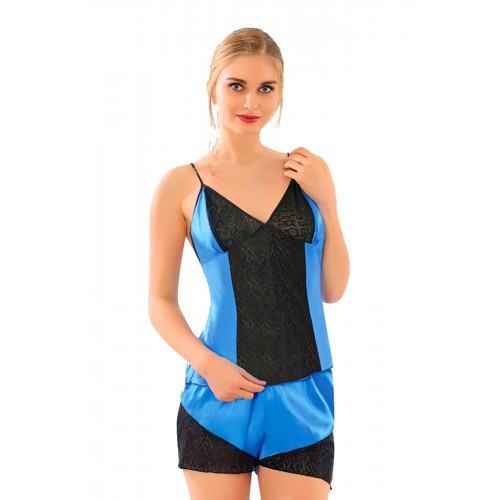 Mavi Siyah Saten Babydoll Şortlu Takım - 292 - Beden L/XL Mavi Siyah Saten Babydoll Şortlu Takım - 292 - Beden L/XL