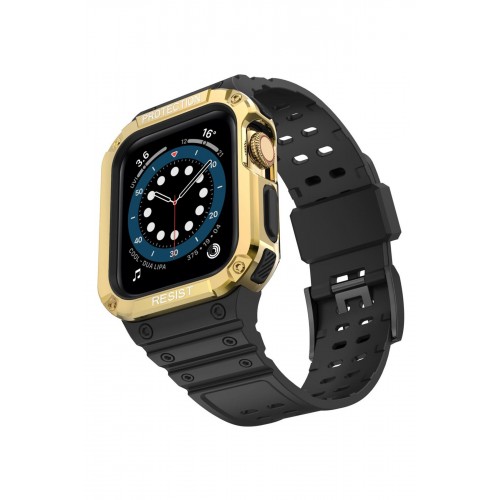 Newface Apple Watch 44mm KR401 Silikon Kordon - Siyah-Gold Newface Apple Watch 44mm KR401 Silikon Kordon - Siyah-Gold