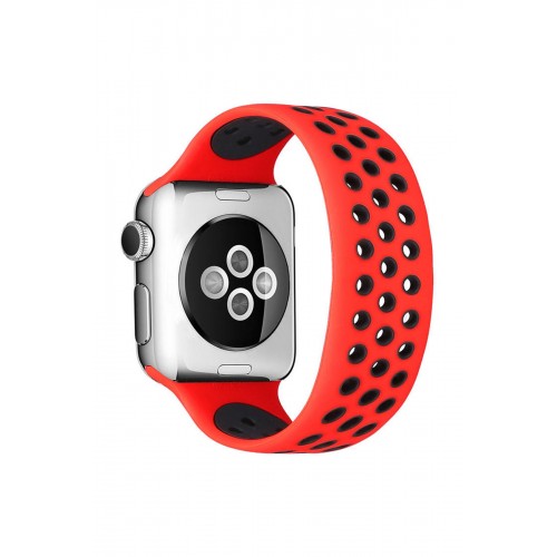 Newface Apple Watch 38mm Ayarlı Delikli Silikon Kordon - Kırmızı-Siyah Newface Apple Watch 38mm Ayarlı Delikli Silikon Kordon - Kırmızı-Siyah