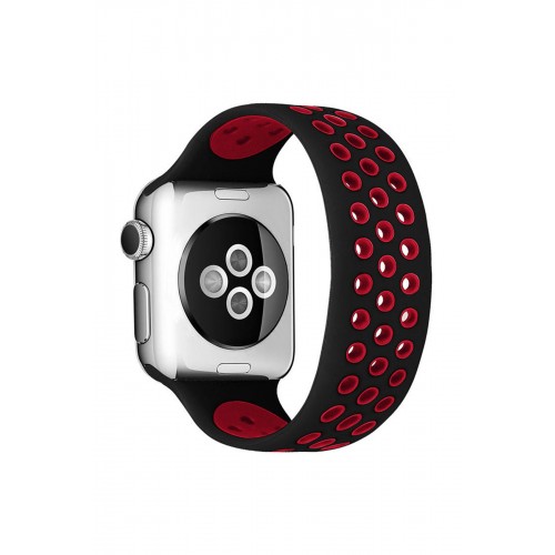 Newface Apple Watch 41mm Ayarlı Delikli Silikon Kordon - Siyah-Kırmızı Newface Apple Watch 41mm Ayarlı Delikli Silikon Kordon - Siyah-Kırmızı
