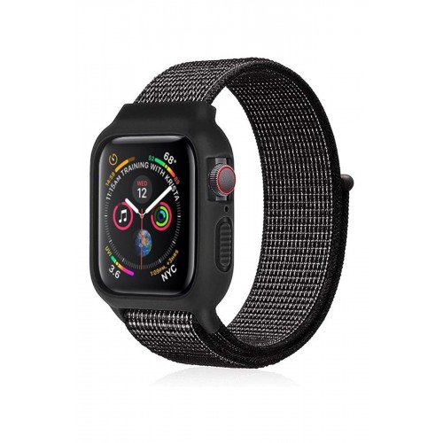 Newface Apple Watch 38mm Hasırlı Cırtcırtlı Kasalı Kordon - Benekli Siyah Newface Apple Watch 38mm Hasırlı Cırtcırtlı Kasalı Kordon - Benekli Siyah