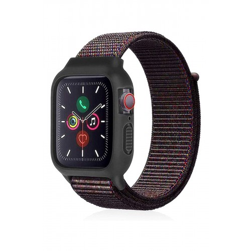 Newface Apple Watch 38mm Hasırlı Cırtcırtlı Kasalı Kordon - Siyah-Mavi Newface Apple Watch 38mm Hasırlı Cırtcırtlı Kasalı Kordon - Siyah-Mavi