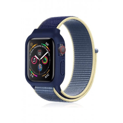 Newface Apple Watch 40mm Hasırlı Cırtcırtlı Kasalı Kordon - Sarı-Lacivert Newface Apple Watch 40mm Hasırlı Cırtcırtlı Kasalı Kordon - Sarı-Lacivert