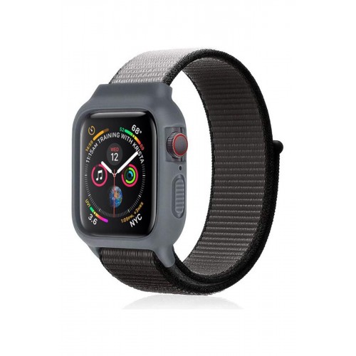 Newface Apple Watch 40mm Hasırlı Cırtcırtlı Kasalı Kordon - Siyah-Gri