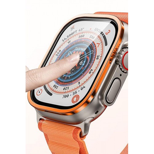 Newface Apple Watch Ultra 49mm Alüminyum Kasa Cam Ekran Koruyucu - Turuncu Newface Apple Watch Ultra 49mm Alüminyum Kasa Cam Ekran Koruyucu - Turuncu