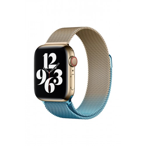 Newface Apple Watch 44mm Metal Mıknatıslı Kordon - Metalik Gold-Mavi
