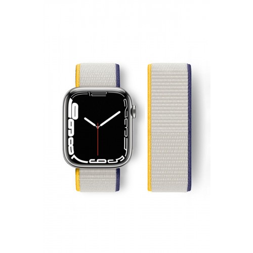 Newface Apple Watch 44mm Hasırlı Cırtcırtlı Kordon - Sarı-Beyaz Newface Apple Watch 44mm Hasırlı Cırtcırtlı Kordon - Sarı-Beyaz