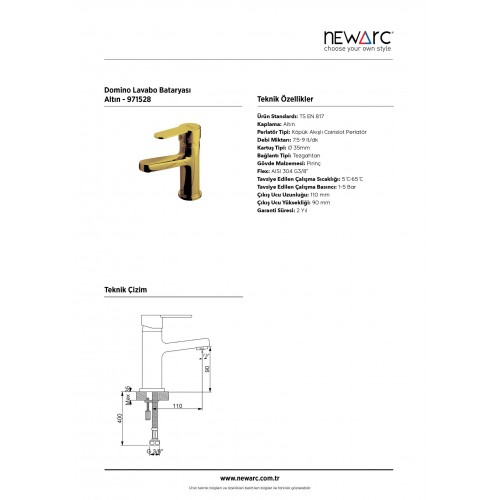 Newarc - Domino Lavabo Bataryası Altın - 971528 Newarc - Domino Lavabo Bataryası Altın - 971528
