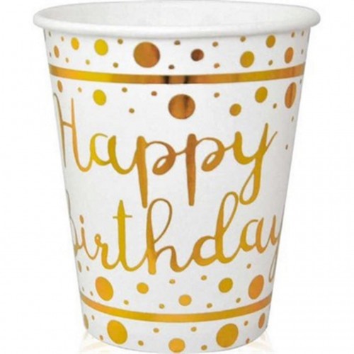 ZERO LAND - Happy Birth Day Gold Varak Baskılı Beyaz Renk Karton Bardak 6 Adet ZERO LAND - Happy Birth Day Gold Varak Baskılı Beyaz Renk Karton Bardak 6 Adet