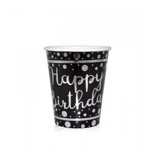 ZERO LAND - Happy Birth Day Gümüş Varak Baskılı Siyah Renk Karton Bardak 6 Adet ZERO LAND - Happy Birth Day Gümüş Varak Baskılı Siyah Renk Karton Bardak 6 Adet