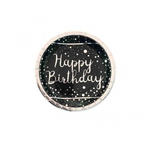 ZERO LAND - Happy Birth Day Gümüş Varak Baskılı Siyah Renk Karton Tabak 6 Adet ZERO LAND - Happy Birth Day Gümüş Varak Baskılı Siyah Renk Karton Tabak 6 Adet