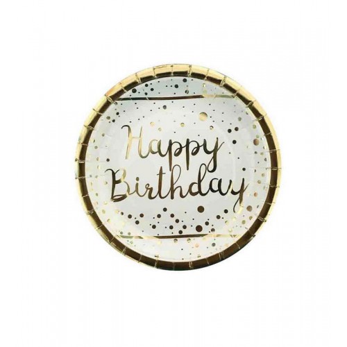 ZERO LAND - Happy Birth Day Gold Varak Baskılı Beyaz Renk Karton Tabak 6 Adet ZERO LAND - Happy Birth Day Gold Varak Baskılı Beyaz Renk Karton Tabak 6 Adet