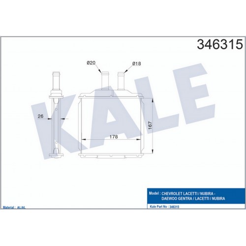 KALORİFER RADYATÖRÜ BRAZİNG DAEWOO NUBIRA-LACETTI 04 CHEVROLET LACETTI-NUBIRA 05 168x183x26