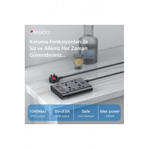 Yesido MC08 10in1 6 Adet Usb ve 4 Adet Priz Dönüştürücü 1.8M - Siyah Yesido MC08 10in1 6 Adet Usb ve 4 Adet Priz Dönüştürücü 1.8M - Siyah
