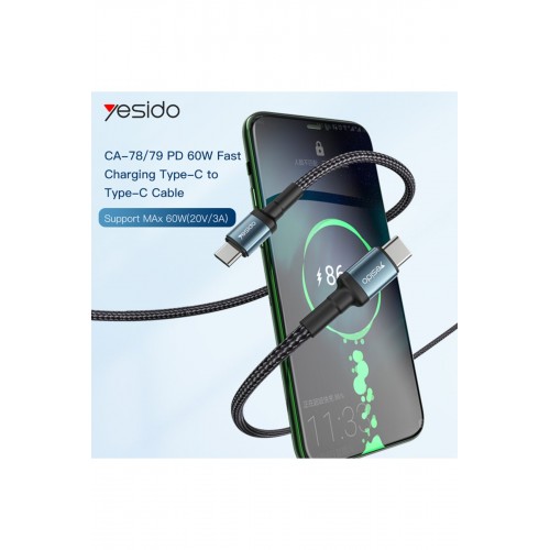 Yesido CA79 2M 60W Hasırlı Type-C to Type-C PD Hızlı Şarj Kablosu - Siyah Yesido CA79 2M 60W Hasırlı Type-C to Type-C PD Hızlı Şarj Kablosu - Siyah