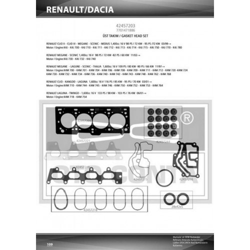 ÜST TAKIM CONTA KEÇELİ RENAULT MEGANE 1.6 16V 457303 ÜST TAKIM CONTA KEÇELİ RENAULT MEGANE 1.6 16V 457303