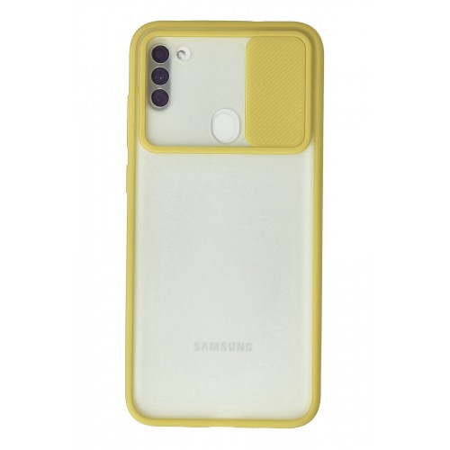Newface Samsung Galaxy M11 Kılıf Palm Buzlu Kamera Sürgülü Silikon - Sarı Newface Samsung Galaxy M11 Kılıf Palm Buzlu Kamera Sürgülü Silikon - Sarı