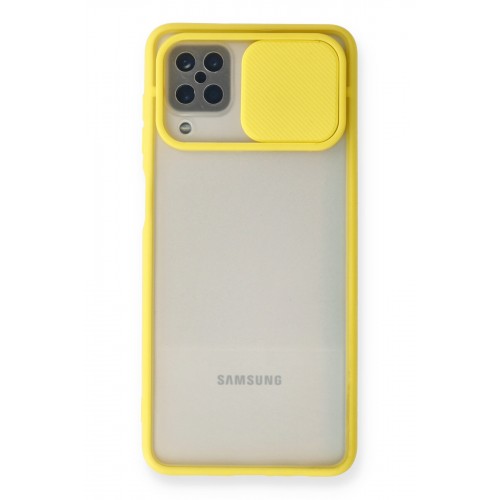 Newface Samsung Galaxy M12 Kılıf Palm Buzlu Kamera Sürgülü Silikon - Sarı Newface Samsung Galaxy M12 Kılıf Palm Buzlu Kamera Sürgülü Silikon - Sarı