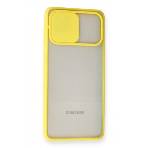 Newface Samsung Galaxy M12 Kılıf Palm Buzlu Kamera Sürgülü Silikon - Sarı Newface Samsung Galaxy M12 Kılıf Palm Buzlu Kamera Sürgülü Silikon - Sarı