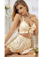 Kadın Çiçekli Ekru Askılı Şortlu Pijama Takım 5017