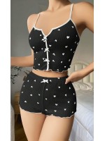 Kadın Siyah Kalp Desenli Askılı Şortlu Pijama Takım 5008