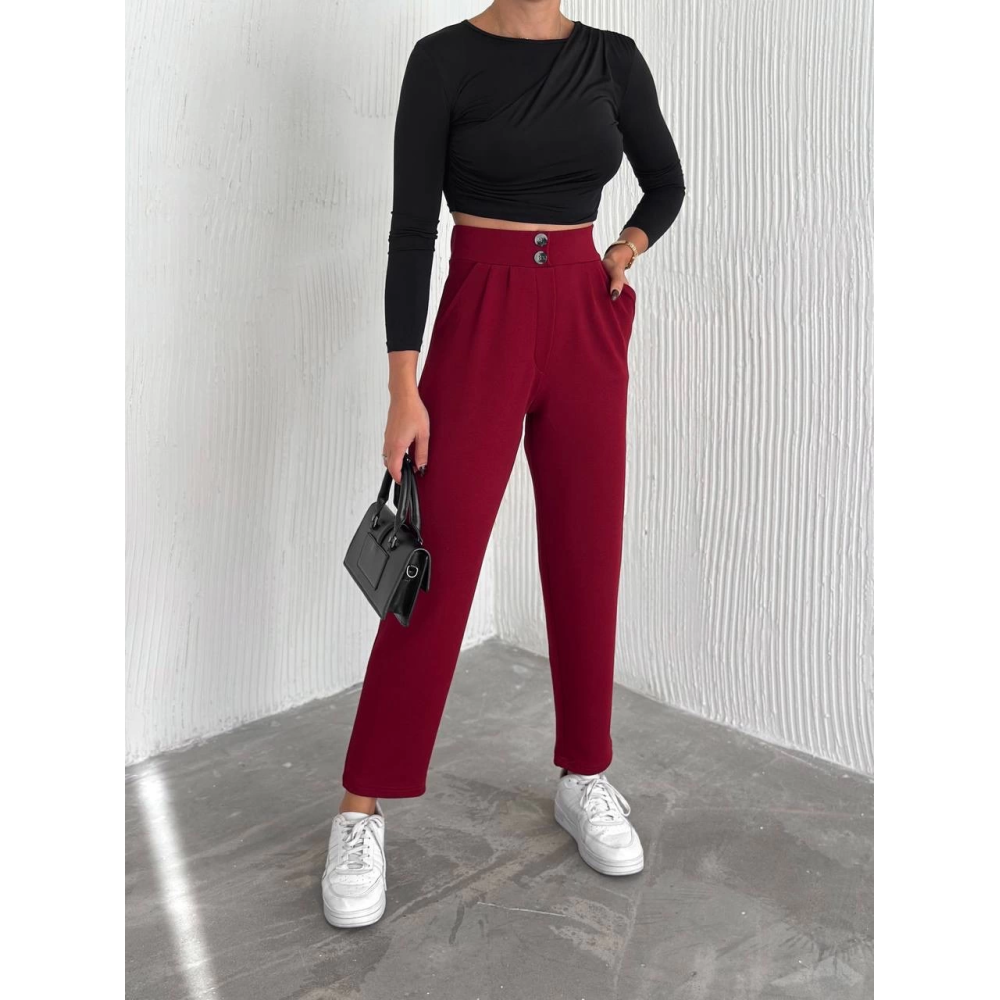 Örme Krep Pantolon Çift Düğmeli Bordo (Beden: S)