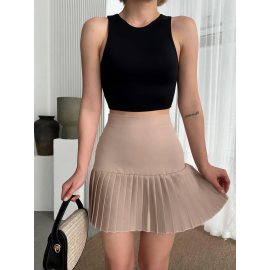 Altı Pliseli Mini Etek Bej (Beden: M)