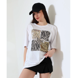 Karma Desenli Oversize Tişört Beyaz (Beden: L)