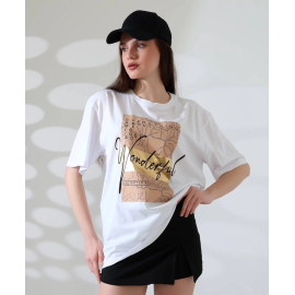 Varak Baskılı İmza Desen Tişört Beyaz (Beden: S)