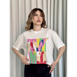 Baskılı Crop Tişört Beyaz (Beden: M)