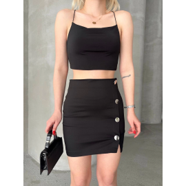 Likralı Gabardin Dört Düğmeli Etek Siyah (Beden: L)