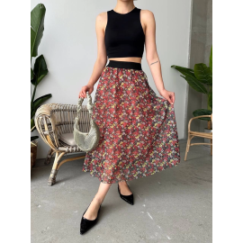 Baskılı Astarlı Uzun Etek Kırmızı (Beden: M)