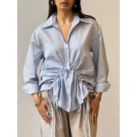 Önü Büzgü Detaylı Çizgili Gömlek Mavi (Beden: S)