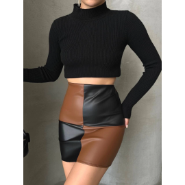 Damalı Deri Etek Siyah Kahve W24648 (Beden: L)