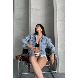 Çift Cepli Kol Katlamalı Kar Yıkama Crop Kot Ceket Mavi D2000 (Beden: S)