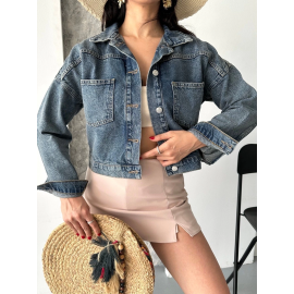 Çift Cepli Kol Katlamalı Kar Yıkama Crop Kot Ceket Kahve Tint D2000 Mavi (Beden: S)