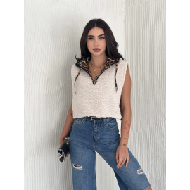 Astarlı Kapşonlu Kuzu Yelek Beyaz T1243 (Beden: Xl)
