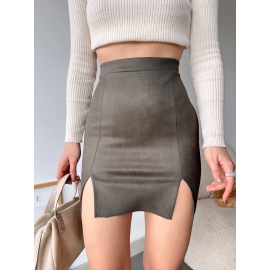 Çift Yurtmaçlı Süet Etek Haki S241002 (Beden: S)