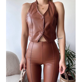 İki Düğmeli Deri Yelek Kahve S243001 (Beden: S)