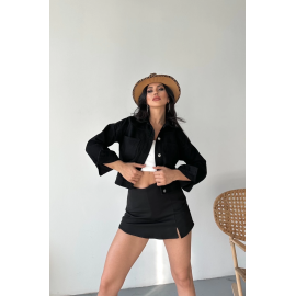 Çift Cepli Kol Katlamalı Süper Taş Enzim Yıkamalı Crop Kot Ceket Siyah D2000 (Beden: L)