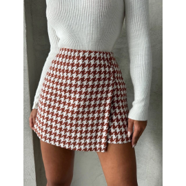 İki Düğmeli Kaz Ayağı Desen Ch Kumaş Şort Etek Bordobeyaz H26414 (Beden: Xl)