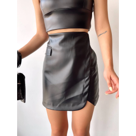 Cep Detaylı Oval Kapaklı Deri Etek Siyah H240048 (Beden: M)