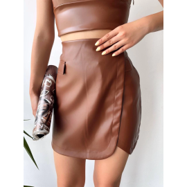 Cep Detaylı Oval Kapaklı Deri Etek Kahve H240048 (Beden: L)