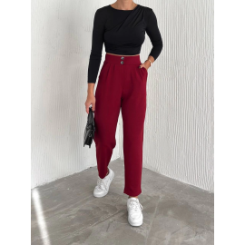 Örme Krep Pantolon Çift Düğmeli Bordo (Beden: S)