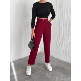 Örme Krep Pantolon Çift Düğmeli Bordo (Beden: S)