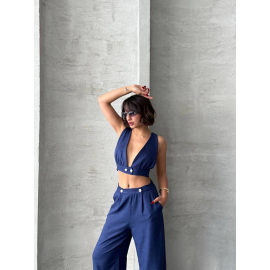 Crop Pantolon Keten Takım S255012 Lacivert (Beden: Xl)