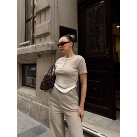 Düğme Yakalı Bej Alt Üst Takım S3943 (Beden: M)