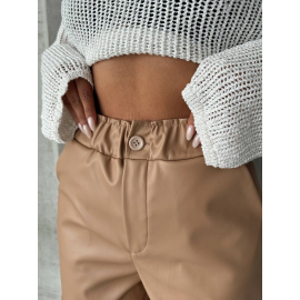 Beli Lastikli Duble Paça Deri Şort Bej W24755 (Beden: S)