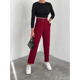 Örme Krep Pantolon Çift Düğmeli Bordo (Beden: S)